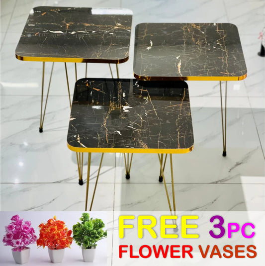 SQUARE TABLES - BLACK MARBLE TOP WITH 3 FREE FLOWER VASES