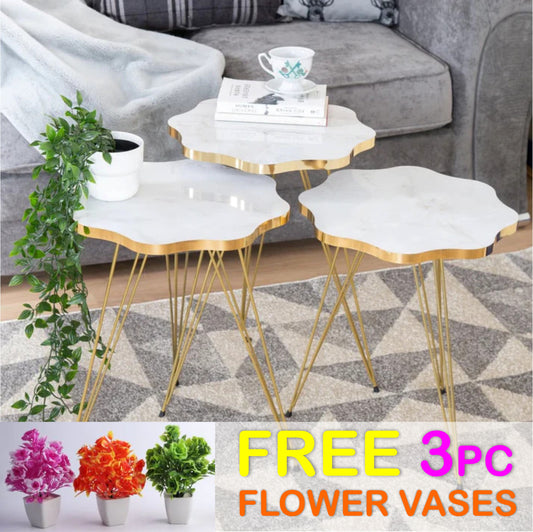 DAISY TABLES (3 PC SET) WHITE MARBLE TOP WITH 3 FREE FLOWER VASES