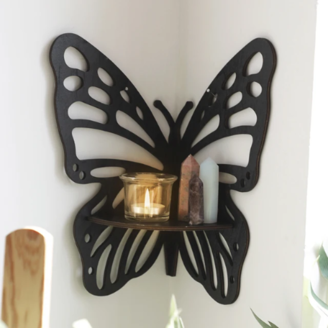 BUTTERFLY & LOTUS CORNER SHELF WITH ELECTRIC CANDLES