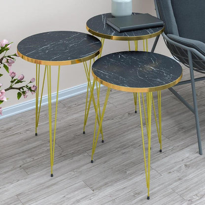 4 PC - ROUND TABLES SET  - BLACK  MARBLE TOP