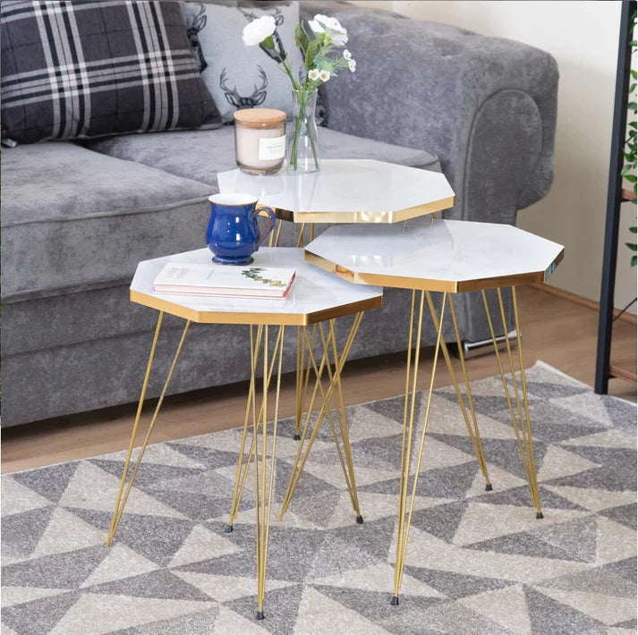 OCTA TABLES (3 PC SET) WHITE MARBLE TOP