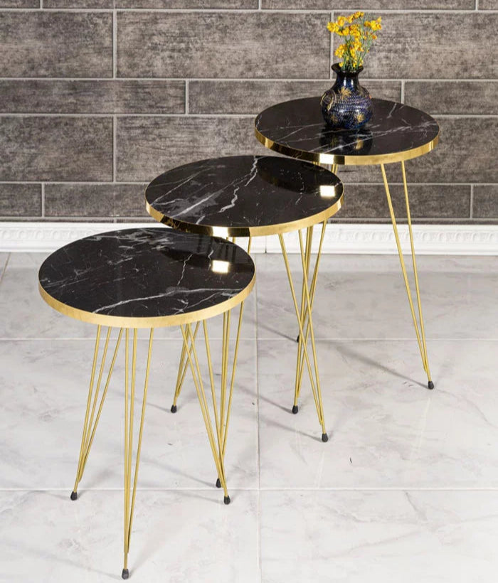 ROUND TABLES (3 PC SET) BLACK MARBLE TOP