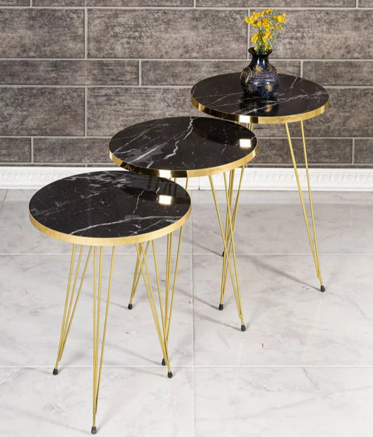 ROUND TABLES (3 PC SET) BLACK MARBLE TOP