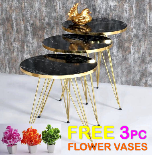 ROUND TABLES - BLACK MARBLE TOP WITH 3 FREE FLOWER VASES