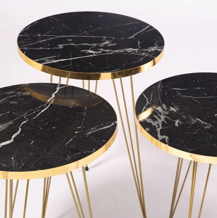 ROUND TABLES (3 PC SET) BLACK MARBLE TOP