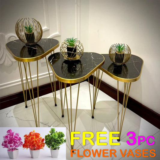 TRIANGLE TABLES (3 PC SET) BLACK MARBLE TOP - FREE 3 PC FLOWER VASES