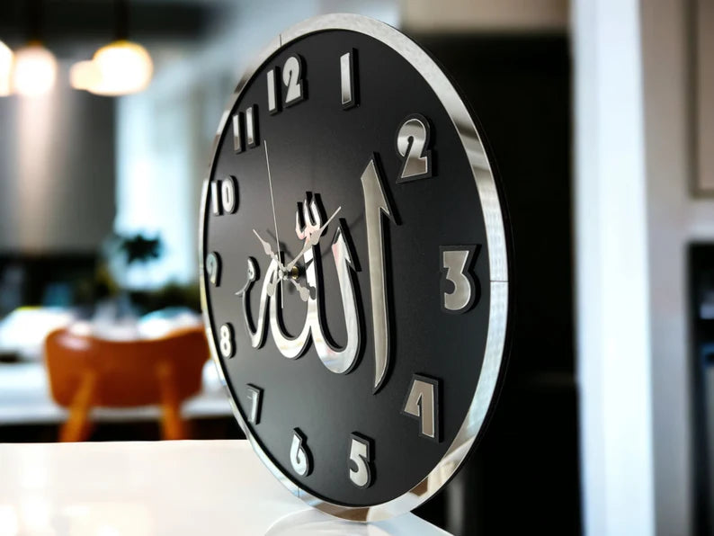 ALLAH CLOCK MIRROR LETTERS (BLACK SILVER)