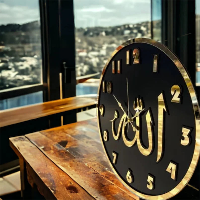 ALLAH CLOCK MIRROR LETTERS (BLACK GOLDEN)